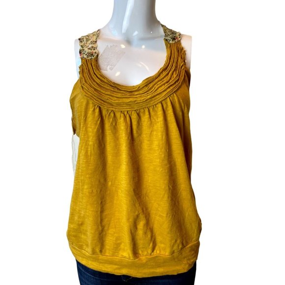 Eyelash Couture Women 100% Cotton Blouse Top Sleeveless Ruffle Neck Yellow SZ XL - Picture 1 of 6